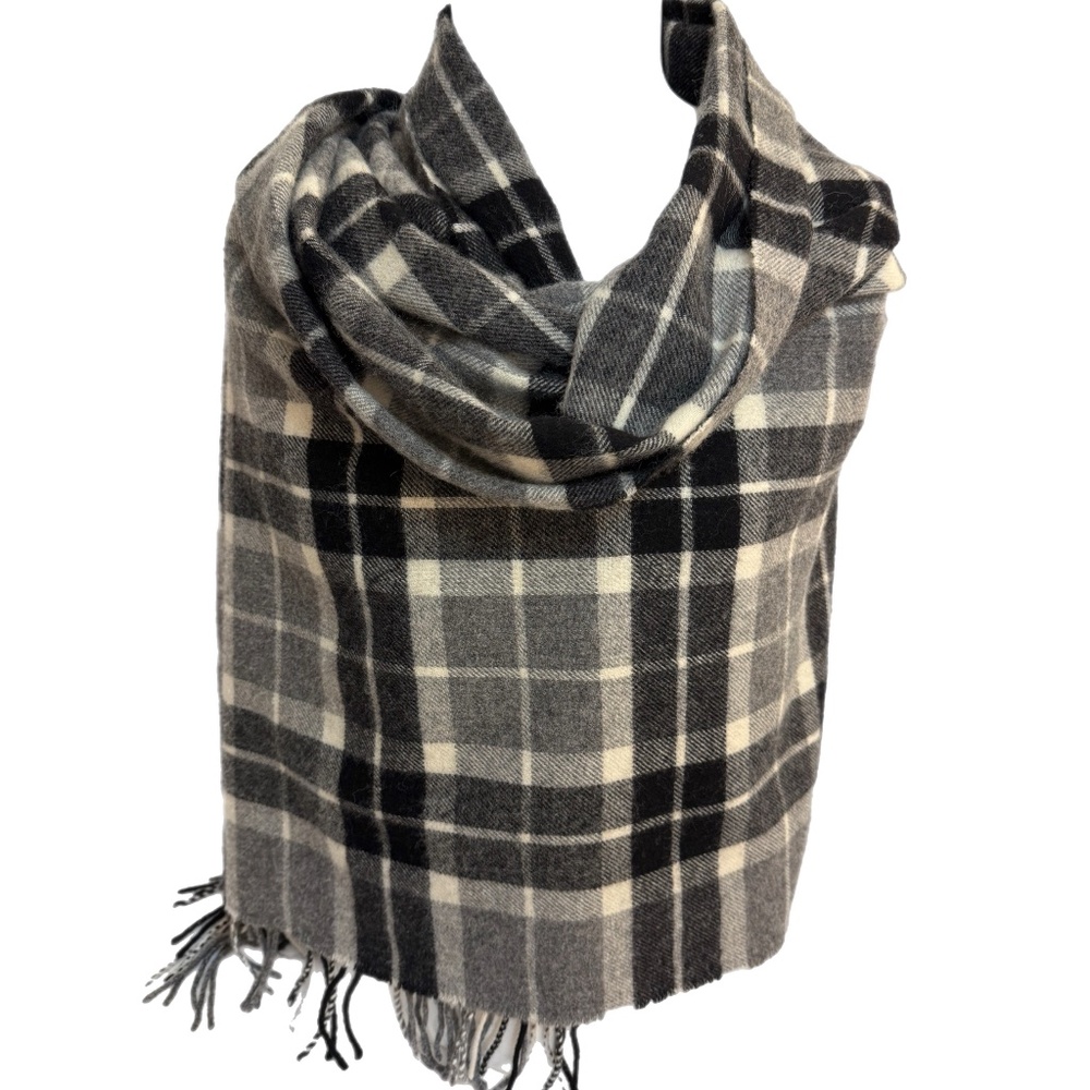Muji 100% Wool Plaid Wrap Shawl β Grey, Black & Cream Check, with Hand Openings